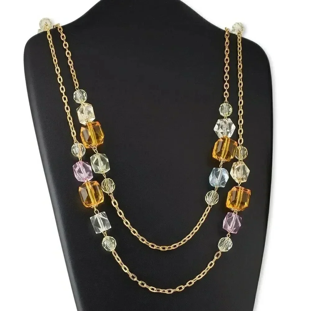 Super Long Chunky Gold Chain Amber Clear Faceted Acrylic Beads Necklace